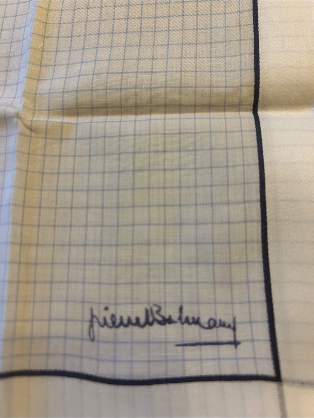 Pierre Balmain Cream Pocket Square with Light Blue Windowpane and Navy Trim